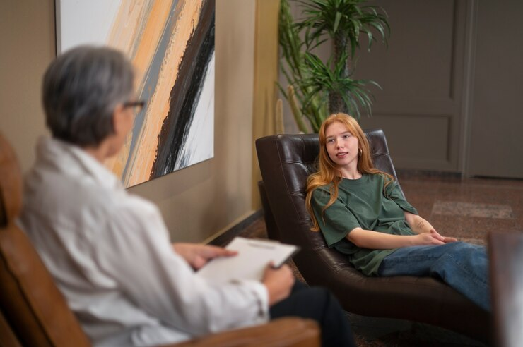 red head female sitting in a chair talking to her male outpatient mental health therapist