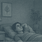 An illustration of a person lying awake in bed at night, staring at the ceiling with a concerned expression, representing the connection between depression and sleep difficulties.