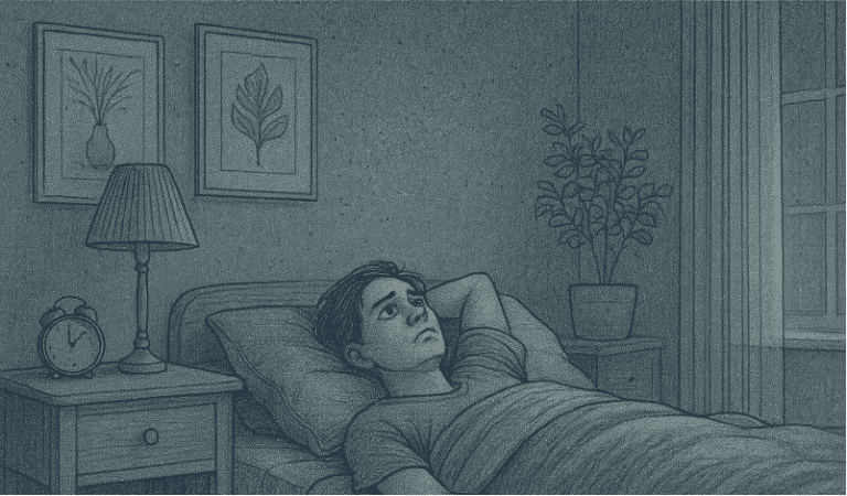 An illustration of a person lying awake in bed at night, staring at the ceiling with a concerned expression, representing the connection between depression and sleep difficulties.