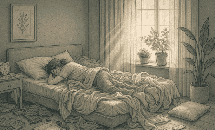 An illustration of an adult sleeping face-down on a messy bed in daylight; window with plants, scattered clothes, a book, mug, pillow, and phone on the floor.