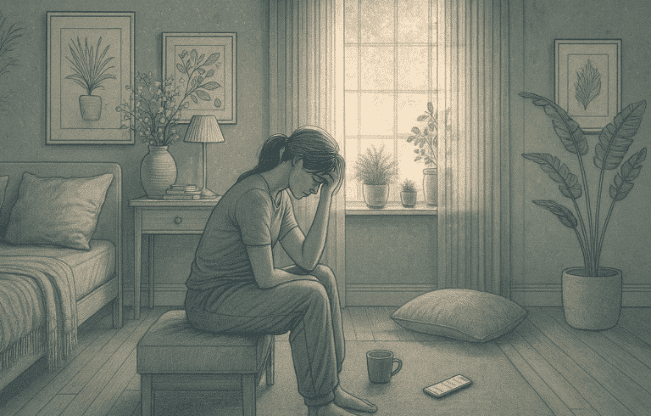 Illustration of a depressed adult sitting on a bedroom bench, head in hand, looking down; daylight through a window with plants, pillow, mug, and phone on the floor.