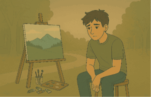 A person sitting alone, looking downcast, next to art supplies, an easel, and an unfinished painting outdoors, in need of a PHQ-9 test