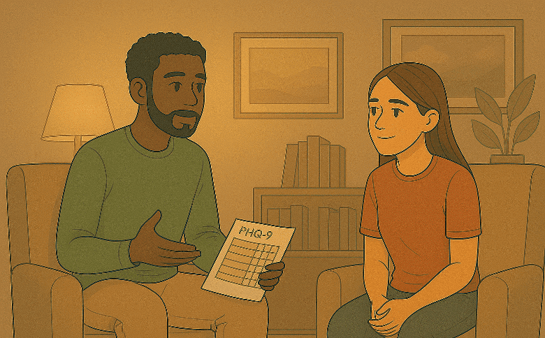 A therapist showing a PHQ-9 depression screening form to a patient during a counseling session