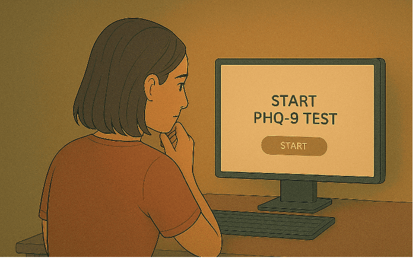 A person sitting at a computer preparing to start an online PHQ-9 depression screening test