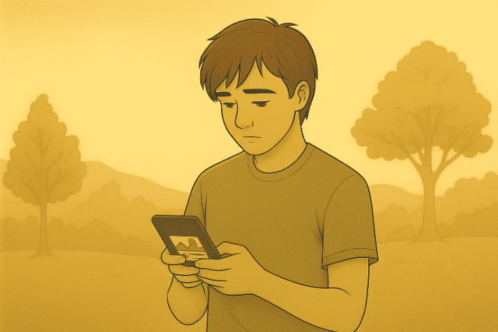 A person standing outdoors looking down at their phone with a somber expression.