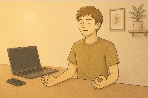 Man meditating as a healthy coping strategy to manage social media FOMO and reduce screen time.
