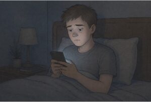 Man compulsively checking social media late at night, illustrating how excessive screen time disrupts sleep and mental well-being.