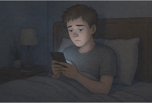 Man compulsively checking social media late at night, illustrating how excessive screen time disrupts sleep and mental well-being.