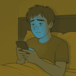 A person lying in bed, looking fatigued while using their phone.