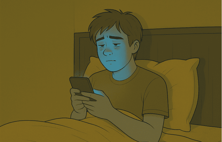 A person lying in bed, looking fatigued while using their phone.