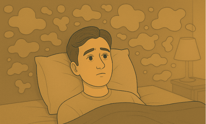 A person lying awake in bed with thought clouds floating above.