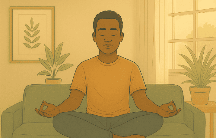A person sitting in a meditation pose on a couch with eyes closed.