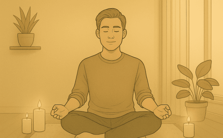 Peaceful person meditating in a cross-legged position surrounded by candles and plants