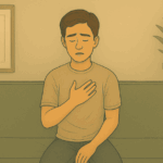 A person sitting on a couch with hand on chest, appearing distressed