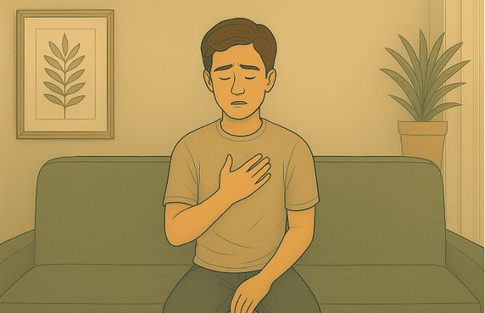 A person sitting on a couch with hand on chest, appearing distressed