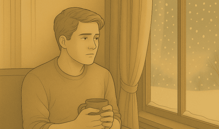 Contemplative person holding mug and gazing out the window.