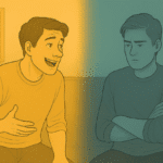 Split image of the same person with contrasting moods - happy and energetic.