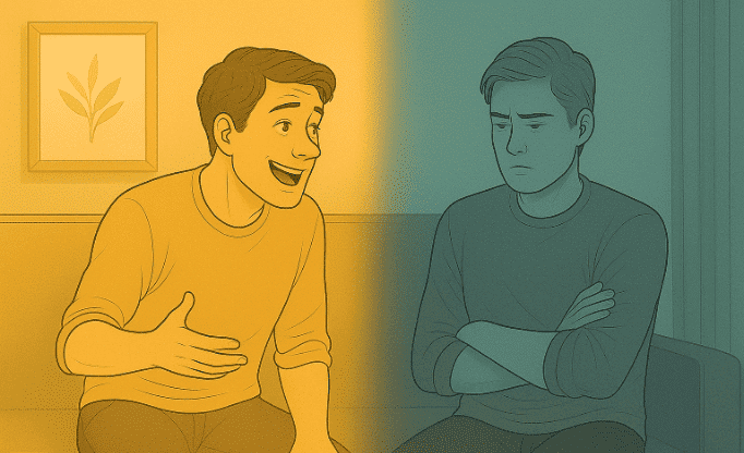 Split image of the same person with contrasting moods - happy and energetic.