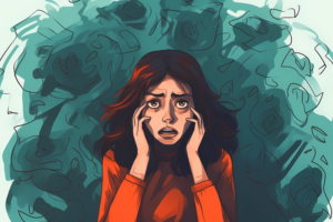 cartoon female standing in a cloud of anxious thoughts