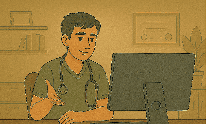 Healthcare provider wearing a stethoscope conducting a virtual consultation.
