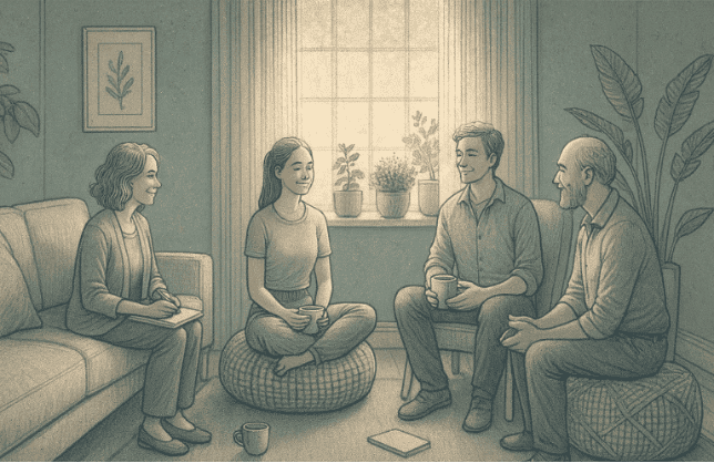 An illustration showing people in a supportive group setting, representing the power of connection and community in mental health recovery.