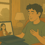 Man having a video therapy session with a counselor on a laptop.