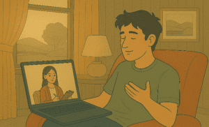 Man having a video therapy session with a counselor on a laptop using telehealth in rural areas