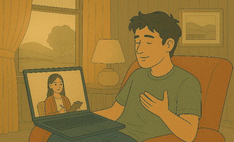 Man having a video therapy session with a counselor on a laptop using telehealth in rural areas