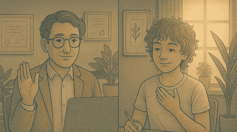 Split-screen illustration of therapist with laptop on left and client taking notes on right, showing the benefits of virtual therapy
