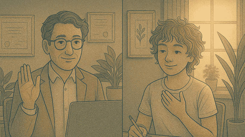 Split-screen illustration of therapist with laptop on left and client taking notes on right.