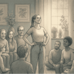 An illustration of a person standing confidently in a supportive group setting, representing the journey from isolation to connection and acceptance.