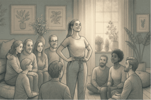 An illustration of a person standing confidently in a supportive group setting, representing the journey from isolation to connection and acceptance, breaking social stigma