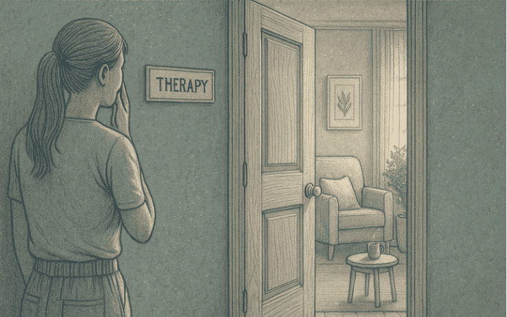 An illustration showing a person hesitating at the entrance of a therapy office, symbolizing the internal struggle caused by stigma.