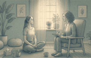 An illustration of a person sitting peacefully in a supportive environment, with a therapist in a calm setting, representing hope and using coping strategies for mental health and wellness