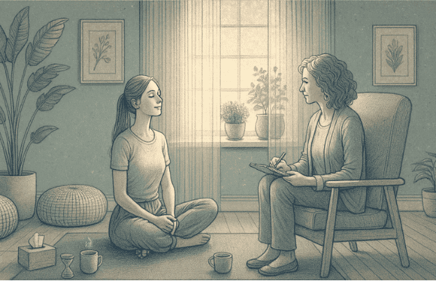 An illustration of a person sitting peacefully in a supportive environment, with a therapist in a calm setting, representing hope and the journey toward better mental health.