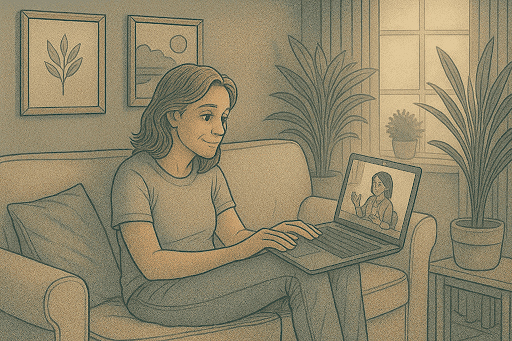 Woman relaxing in an armchair while attending a video therapy session.