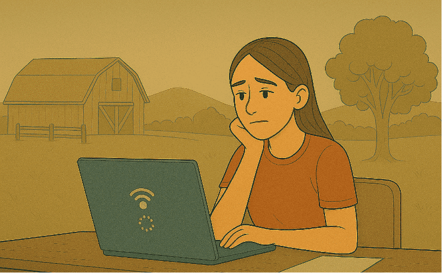 Woman in rural area experiencing frustration with slow internet connection.
