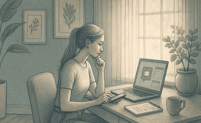 An illustration of a person thoughtfully considering their options, perhaps looking at a phone or computer, representing the moment of deciding to seek help for mental health.