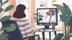 cartoon rendering of a patient meeting their therapist through a computer screen