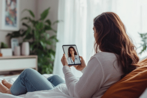 female participating in online therapy session