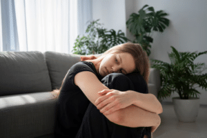 female sitting in fetal positions experiencing symptoms of a mood disorder