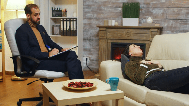 person laying on a couch talking to a mental health counselor who uses the most effective mental health treatment