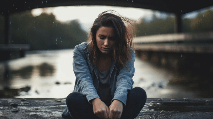 woman sitting in the rain struggling with PTSD symptoms