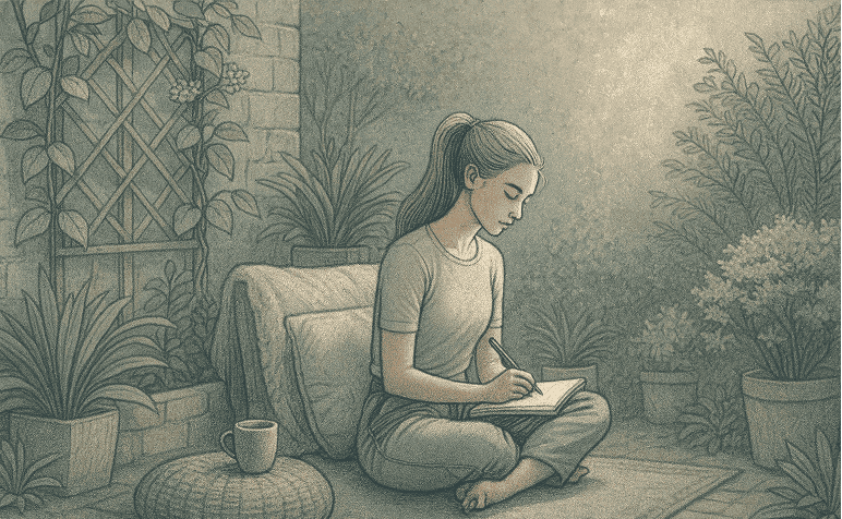 An illustration of a woman sitting cross-legged in a leafy garden nook, journaling in a notebook with a cushion and mug nearby in soft daylight.