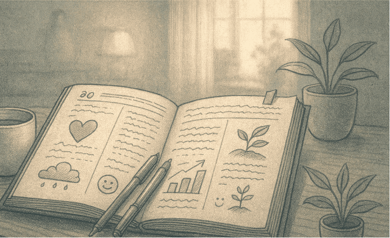 An illustration showing journal pages with writing, with symbols representing emotions, thoughts, and growth, demonstrating the various benefits journaling provides.