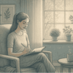 An illustration of a person writing peacefully in a journal, sitting in a comfortable chair, representing the calming practice of journaling for mental health.