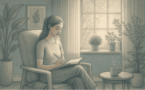 An illustration of a person writing peacefully in a journal, sitting in a comfortable chair, representing journaling mental health benefits