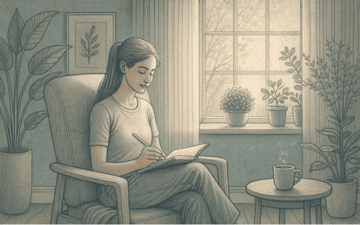 An illustration of a person writing peacefully in a journal, sitting in a comfortable chair, representing the calming practice of journaling for mental health.