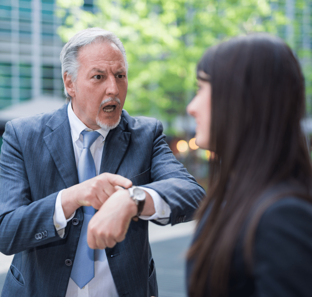 Boss showing workplace anger, yelling at his employee