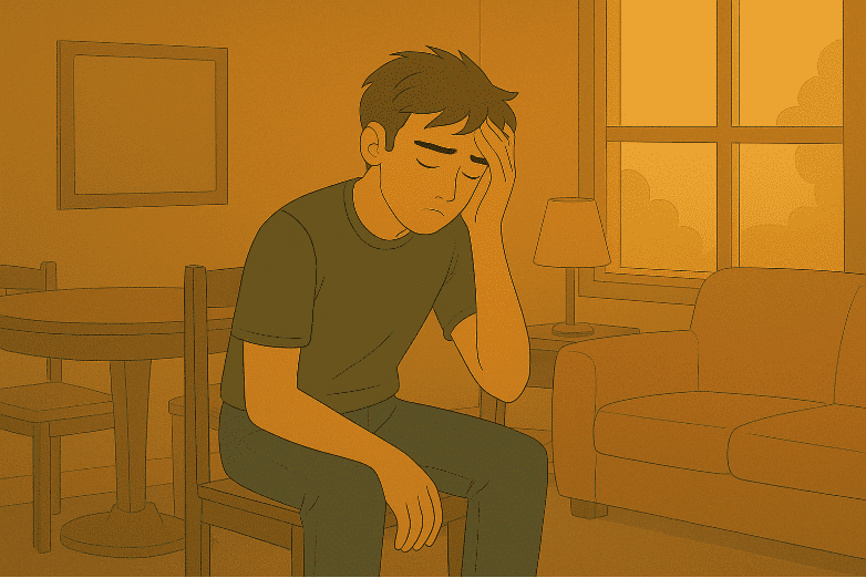 A person sitting on a chair in a living room with their hand on their head.